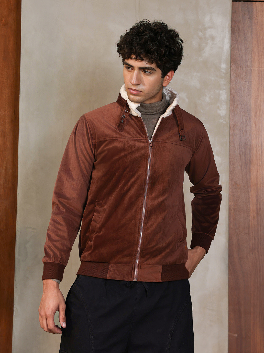 Fur-Lined Suede Bomber Jacket