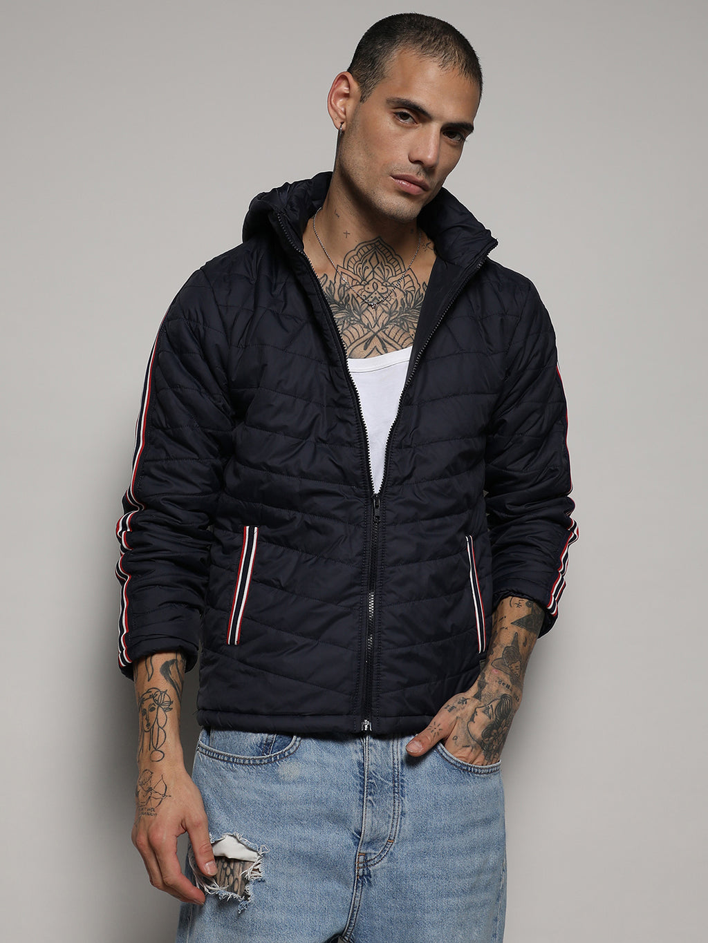 Quilted Puffer Jacket With Contrast Striped Sleeve