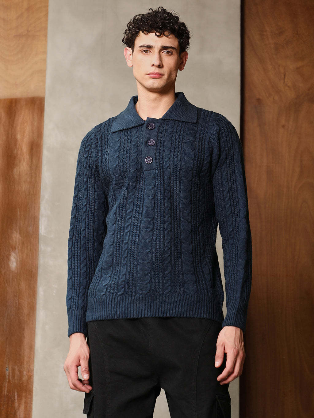 Braid-Knit Collared Sweater