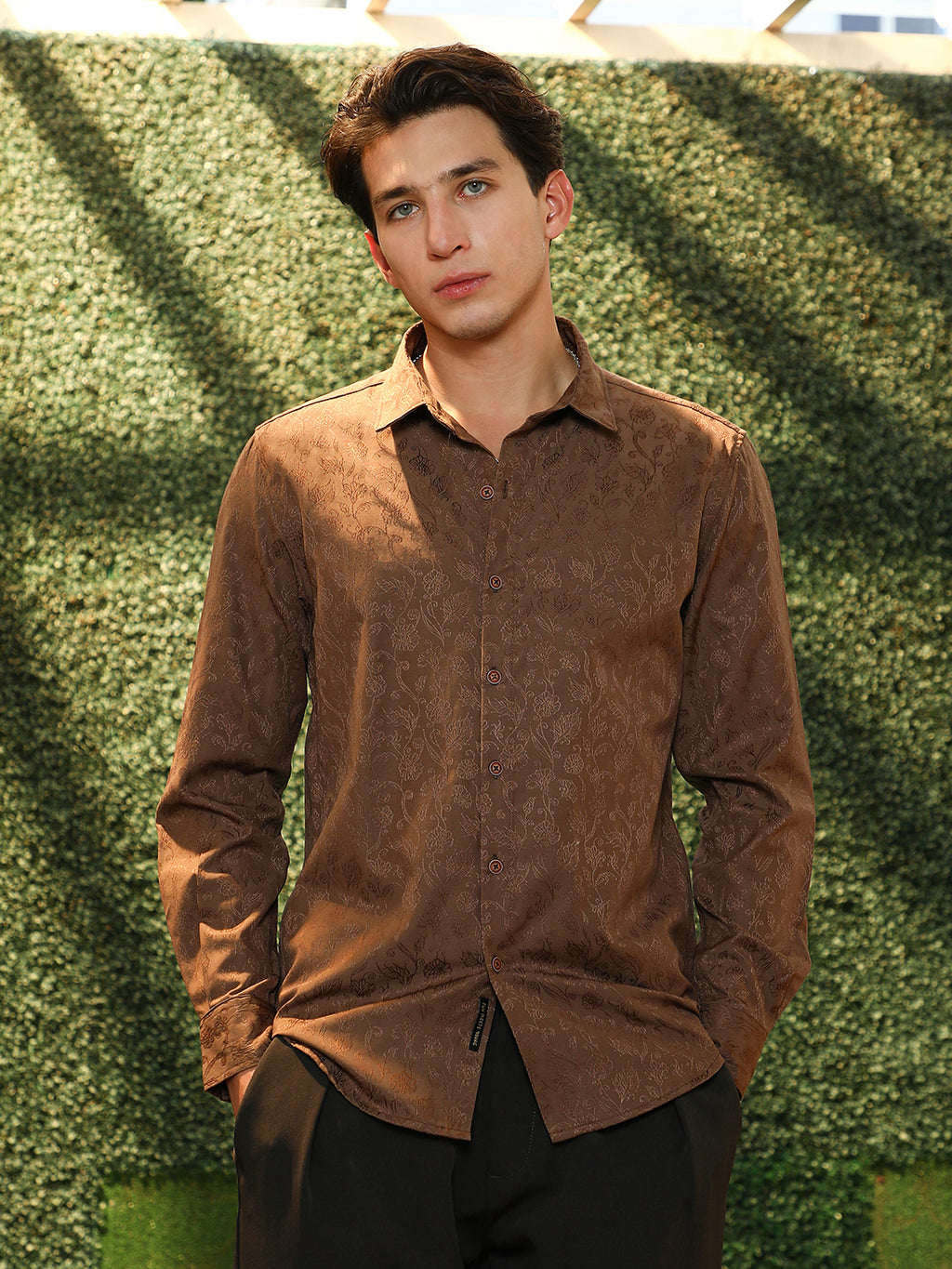 Slim Fit Brown Floral Jacquard Shirt