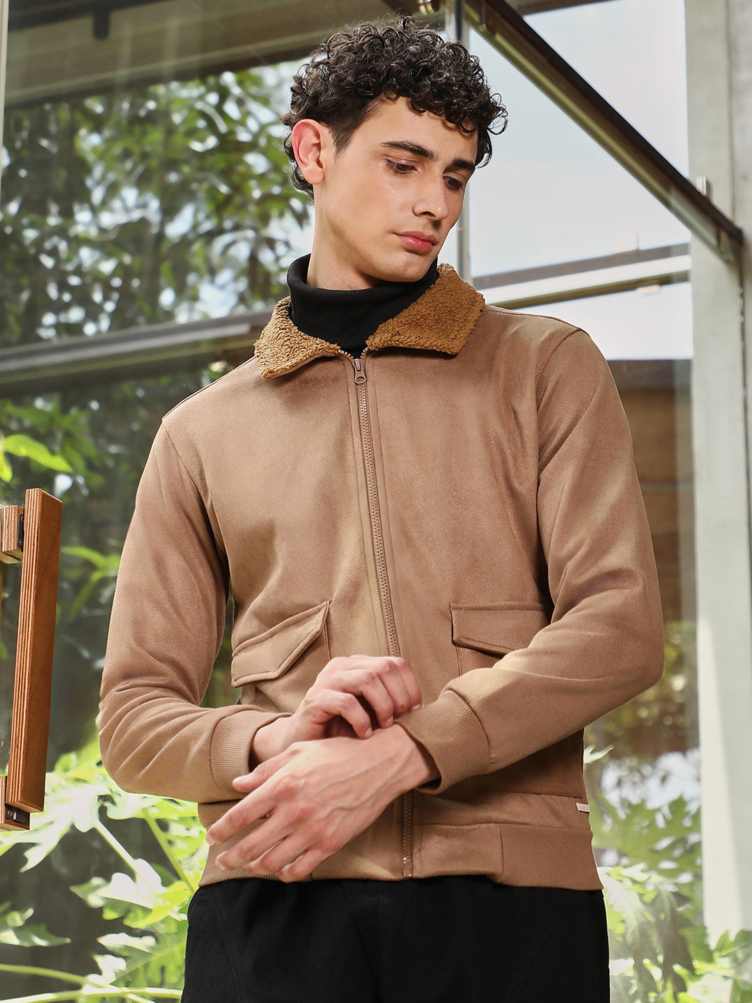 ₹1,999 | Campus Sutra men's Beige Zip-Front Jacket With Fleece