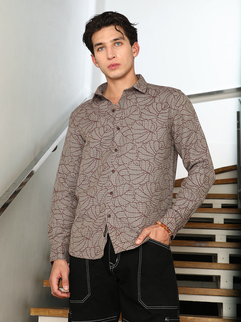 Slim Fit Abstract Patterned Cotton-Poly Blend Shirt