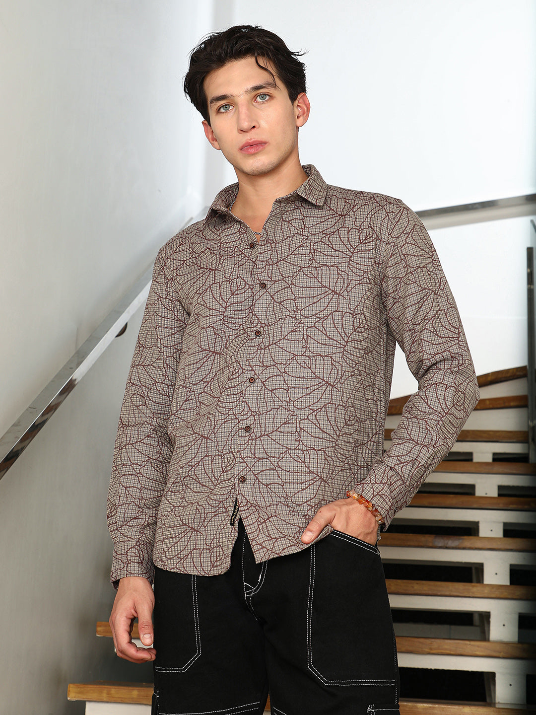 Slim Fit Abstract Patterned Cotton-Poly Blend Shirt