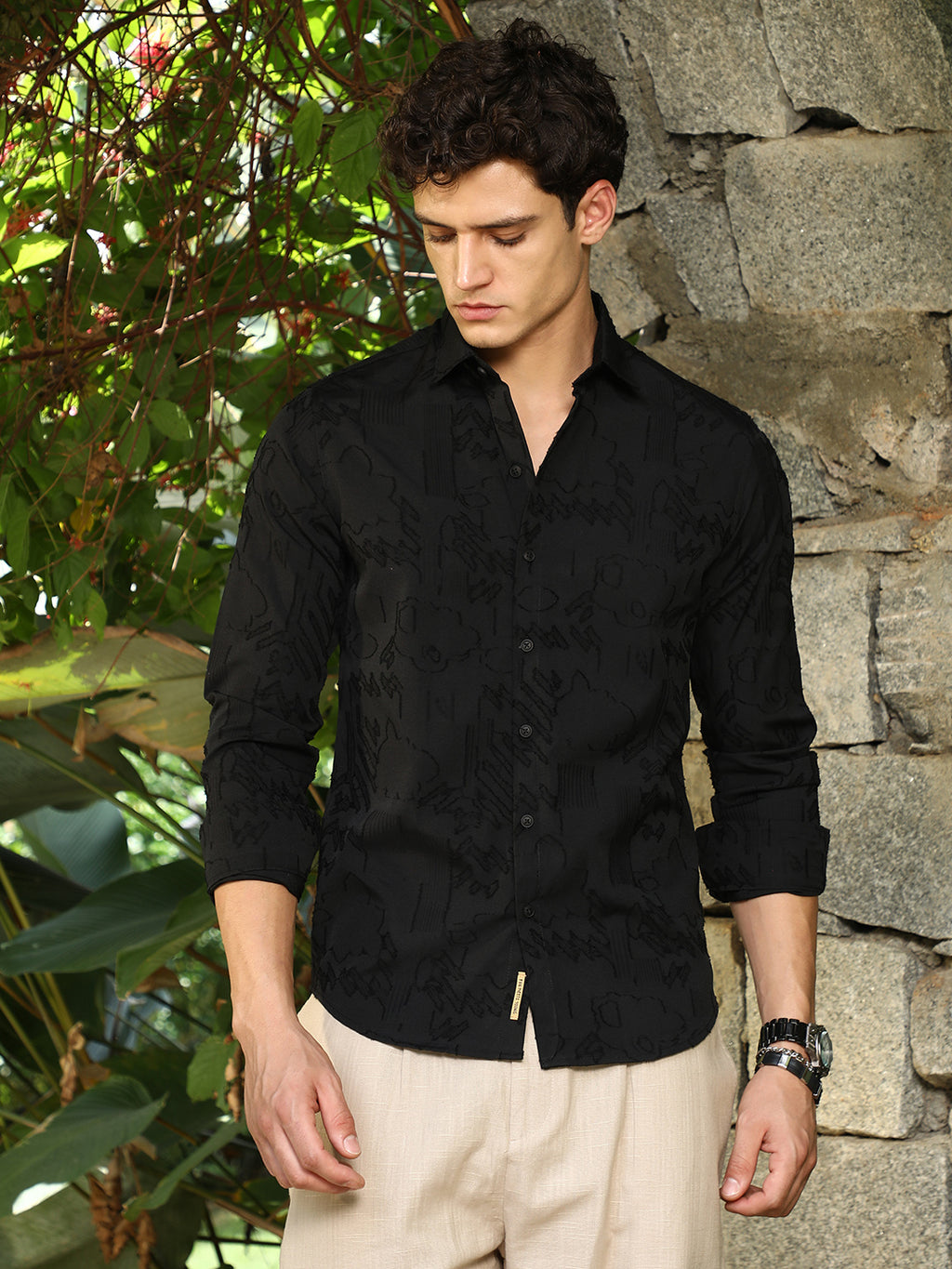 Black Self-Design Cotton Blend Slim Fit Shirt