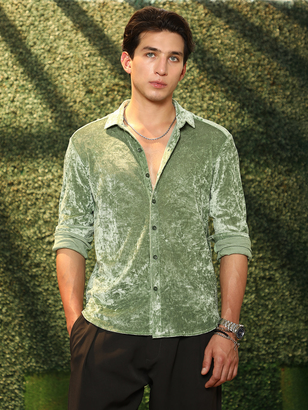 999 | Men's Sage Green Solid Velvet Shirt - Campussutra 999 | Men's Sage Green Solid Velvet Shirt - Campussutra