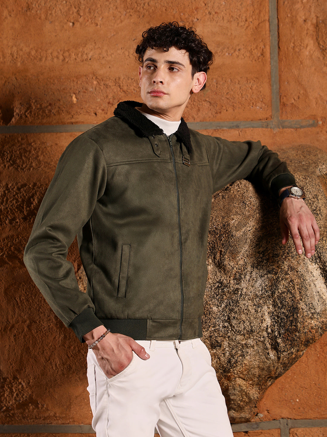 ₹1,799 | Campus Sutra men's Army Green Fur-Lined Suede Bomber