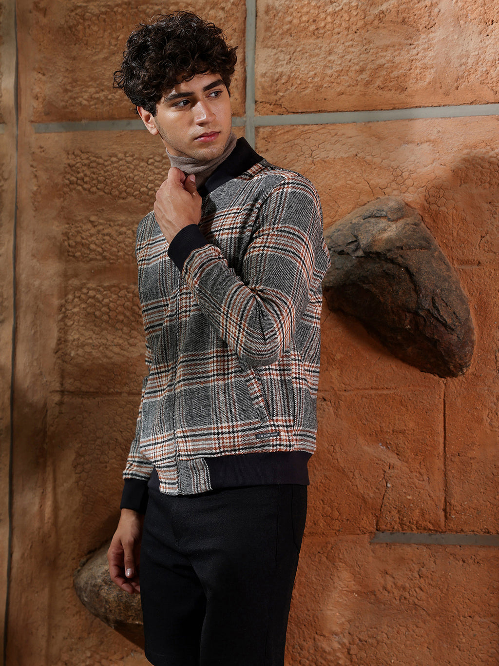 Tartan Plaid Jacket With Ribbed Hem