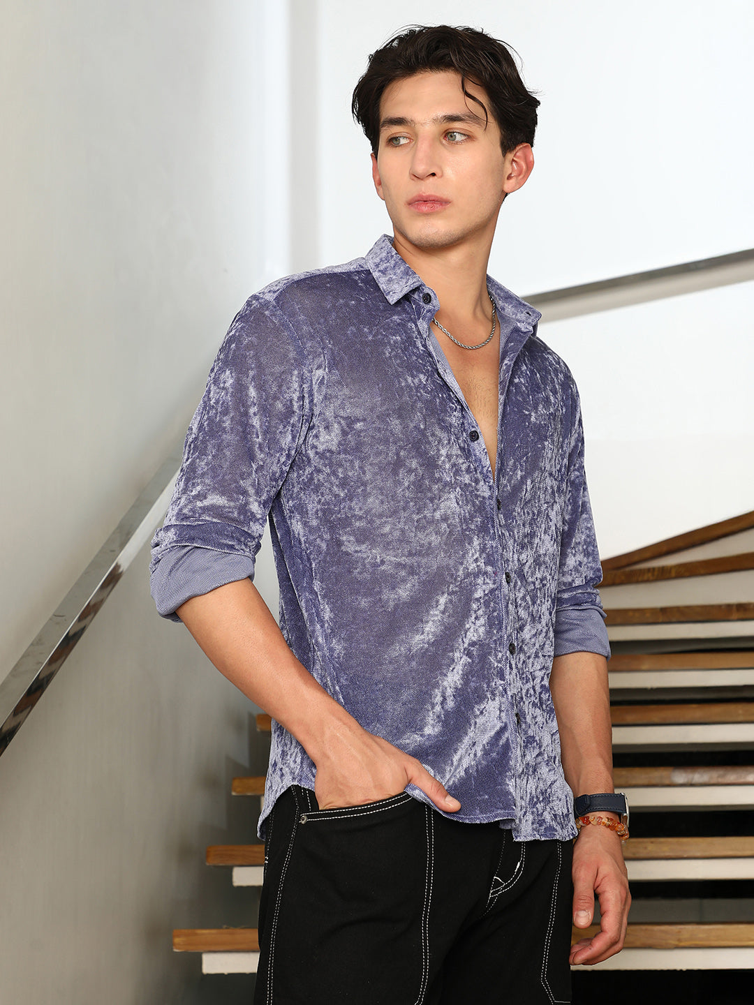₹999 | Men's Cornflower Blue Solid Velvet Shirt