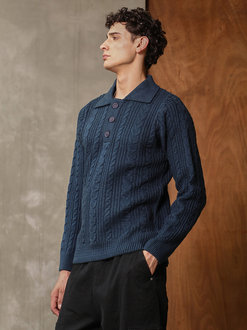 Braid-Knit Collared Sweater