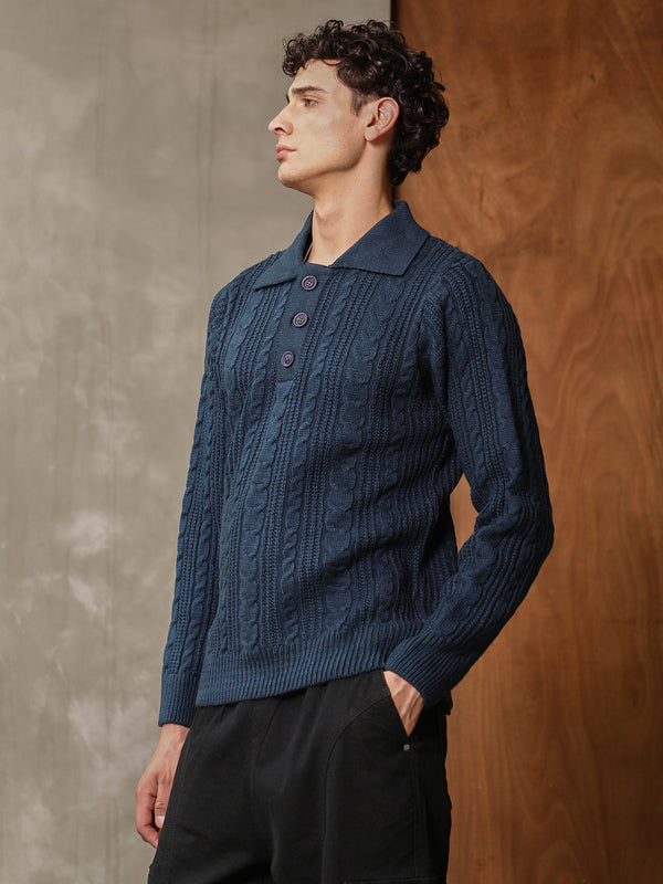 Braid-Knit Collared Sweater