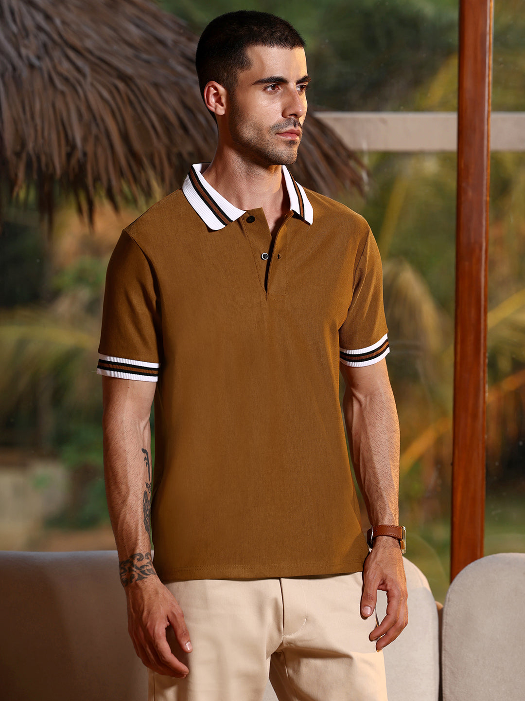 Mustard Brown Tipped Collar Polo T-Shirt