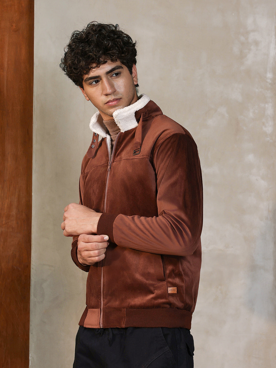 Fur-Lined Suede Bomber Jacket