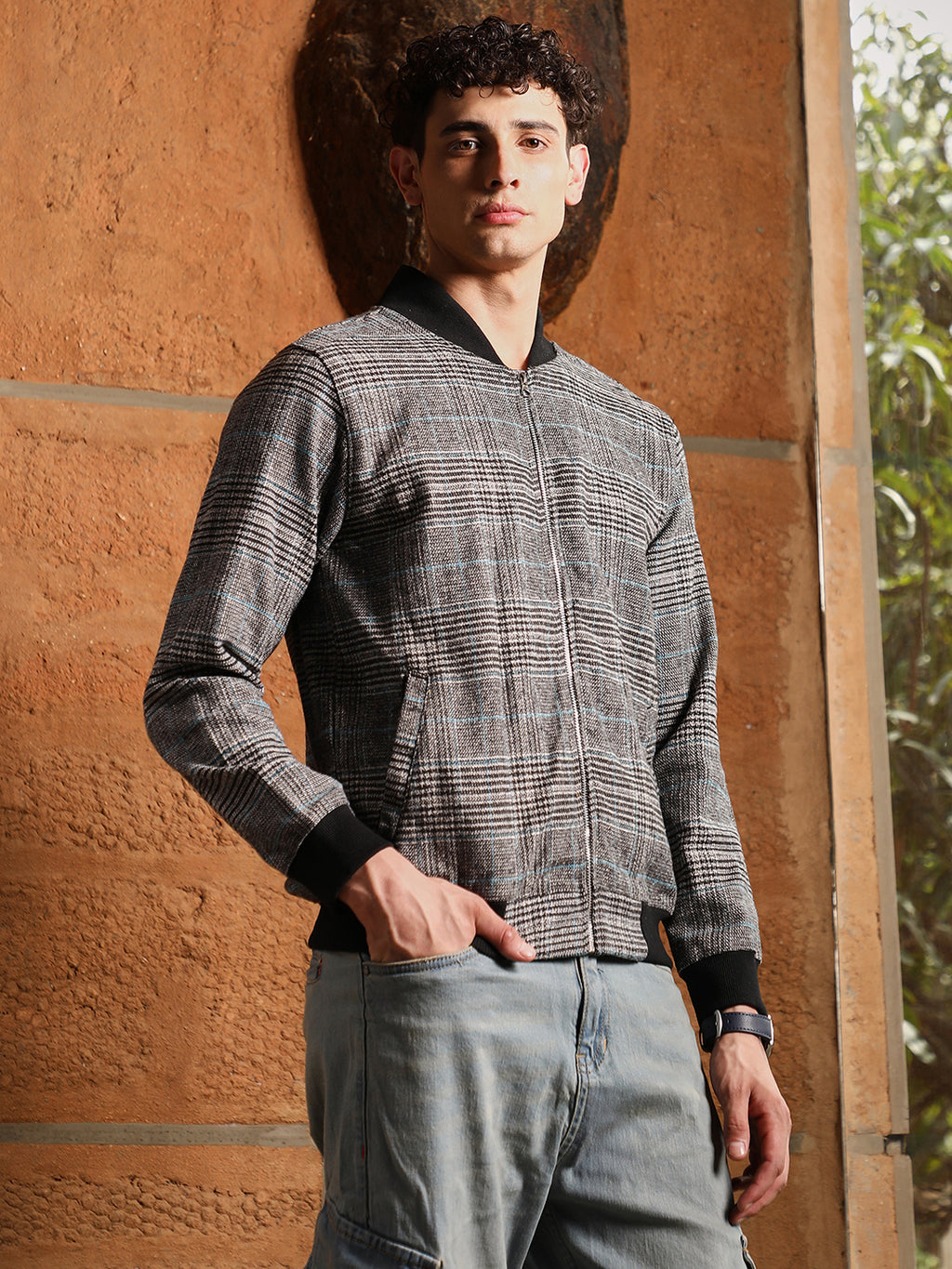 Tartan Plaid Jacket With Ribbed Hem