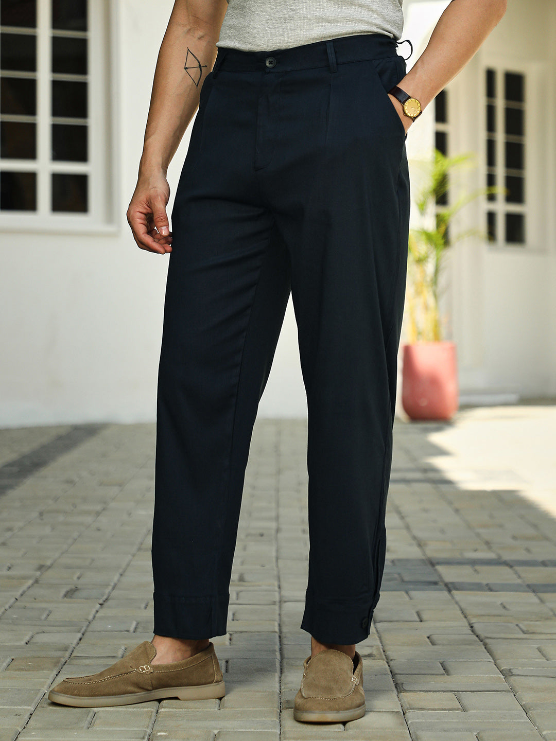 Linen-Blend Tapered Trousers