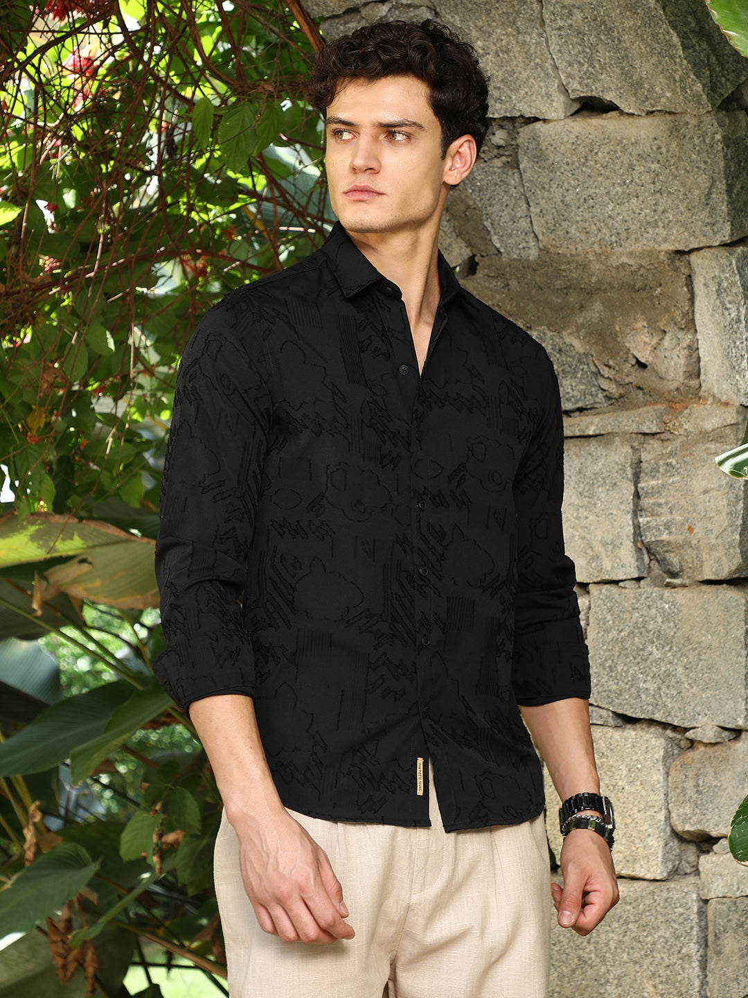 Black Self-Design Cotton Blend Slim Fit Shirt