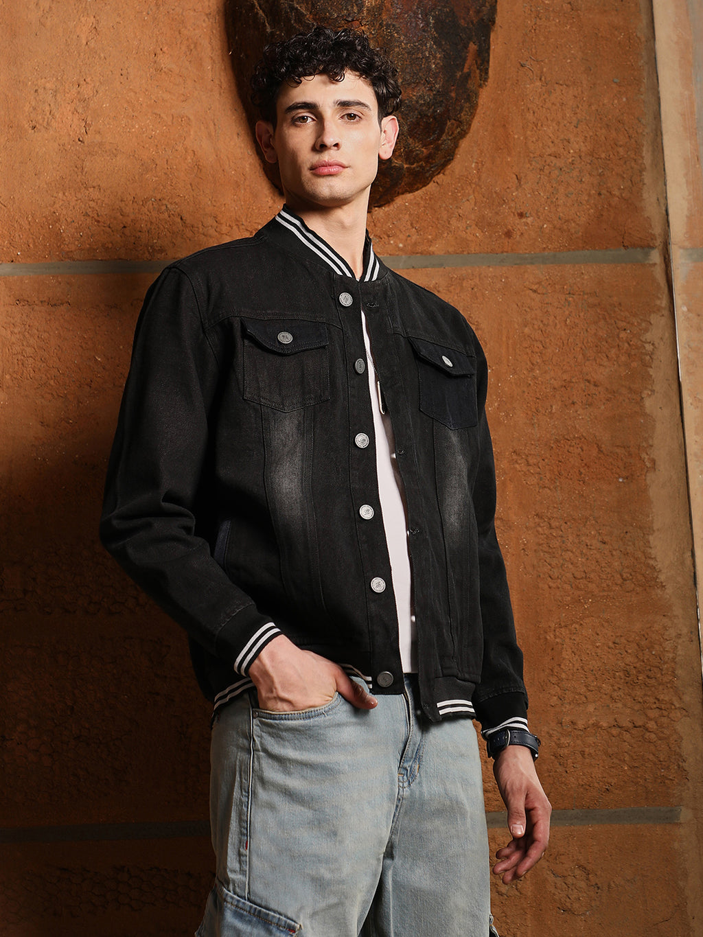 Dark-Wash Denim Bomber Jacket