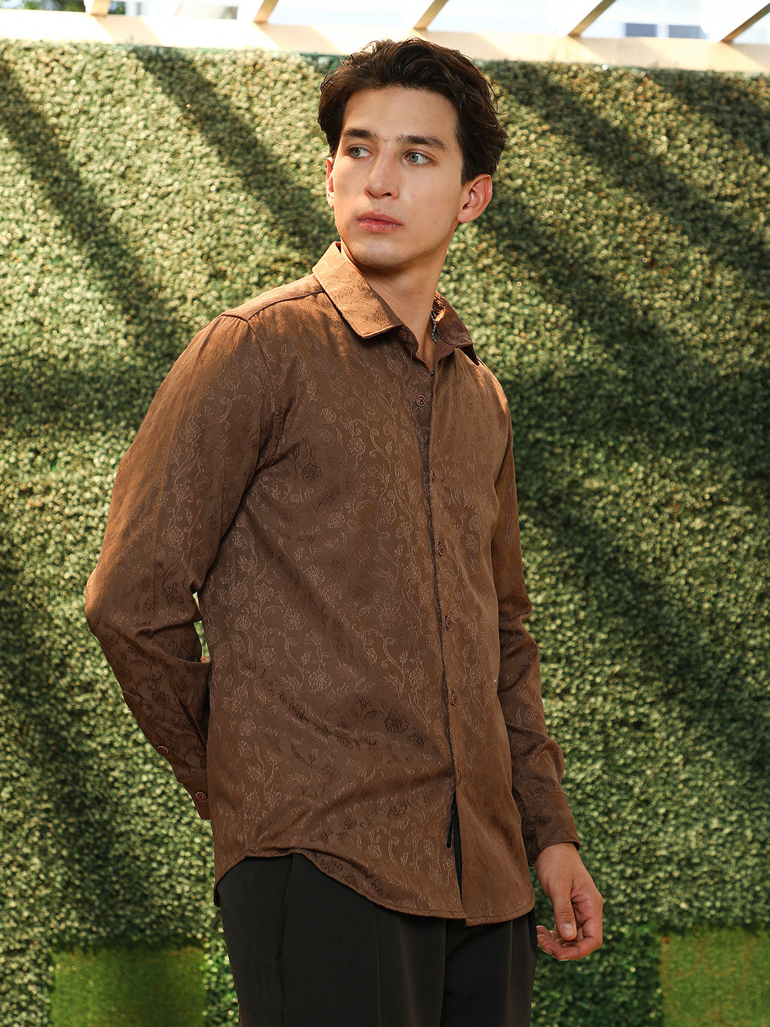 Slim Fit Brown Floral Jacquard Shirt