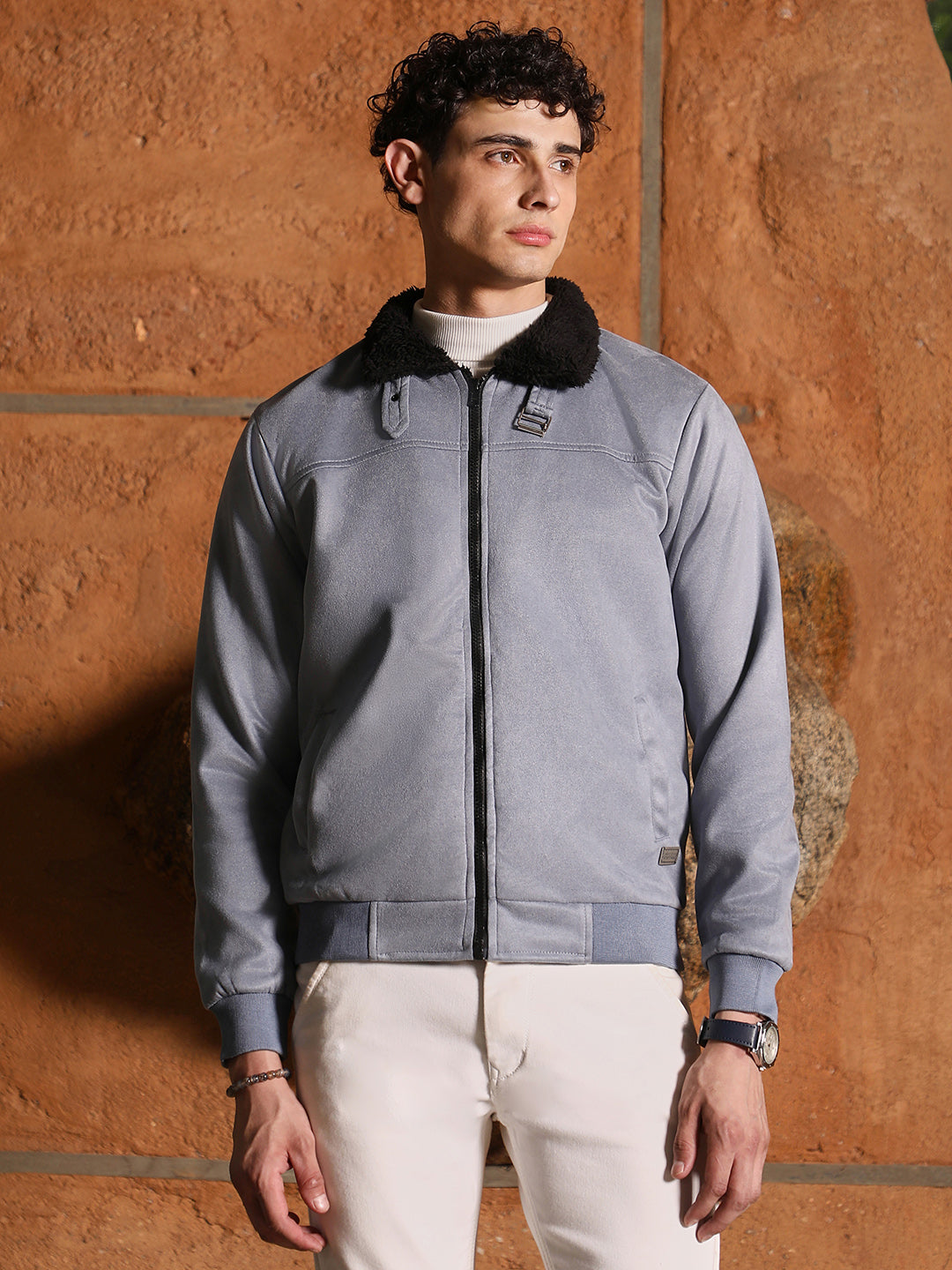 Fur-Lined Suede Bomber Jacket