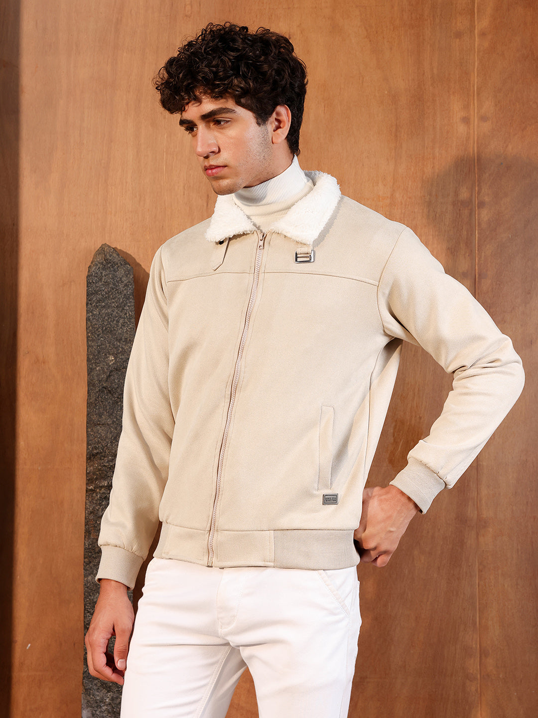 Fur-Lined Suede Bomber Jacket