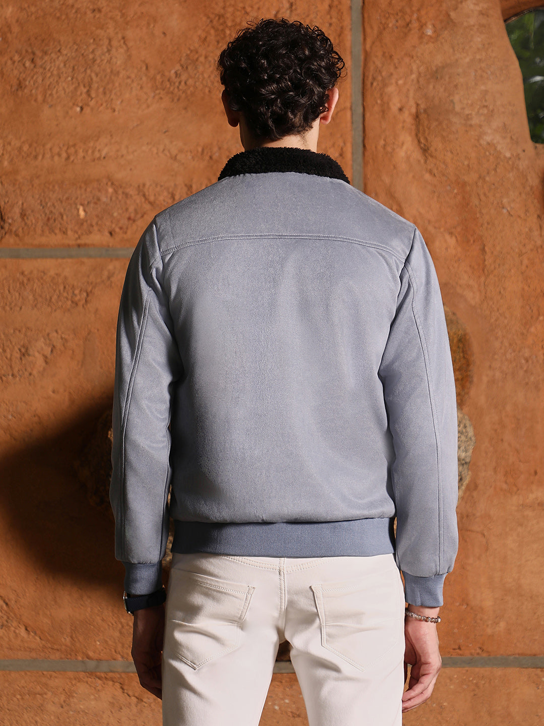 Fur-Lined Suede Bomber Jacket