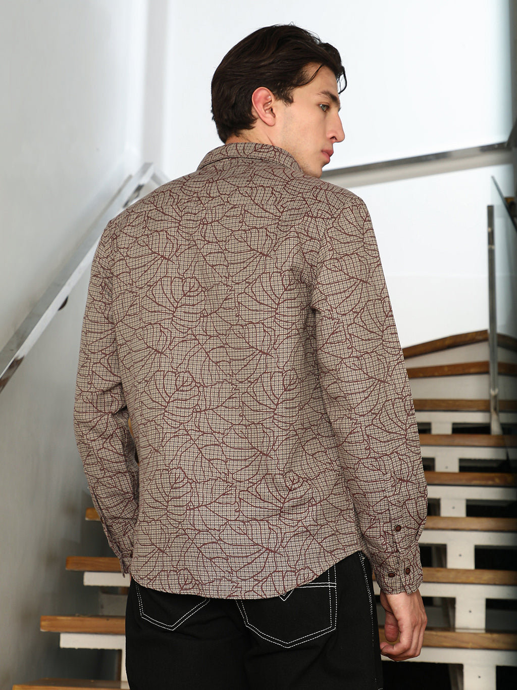 Slim Fit Abstract Patterned Cotton-Poly Blend Shirt