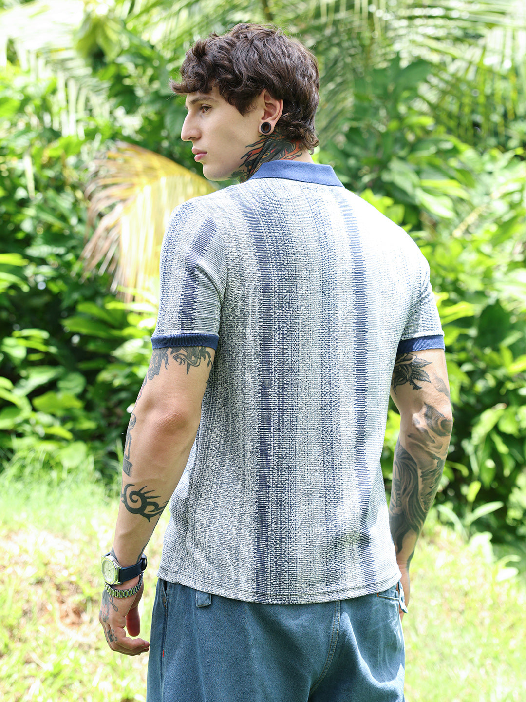 Textured Cotton Blend Cuban Collar Shirt With Vertical Stripes