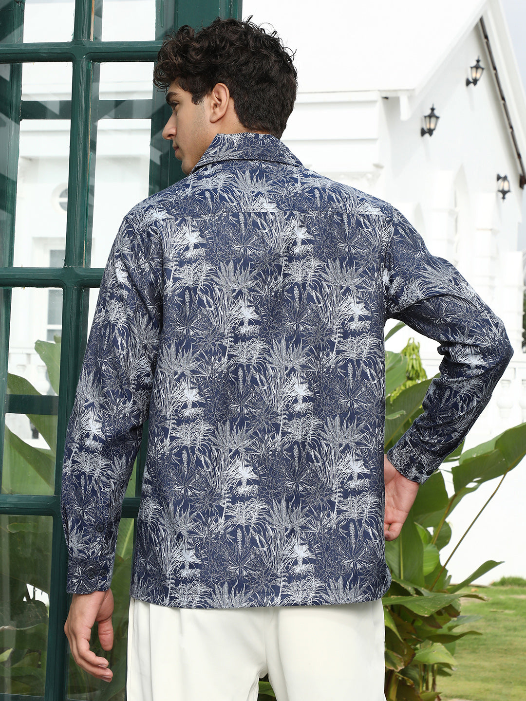 Navy Botanical Print Cotton Blend Shirt