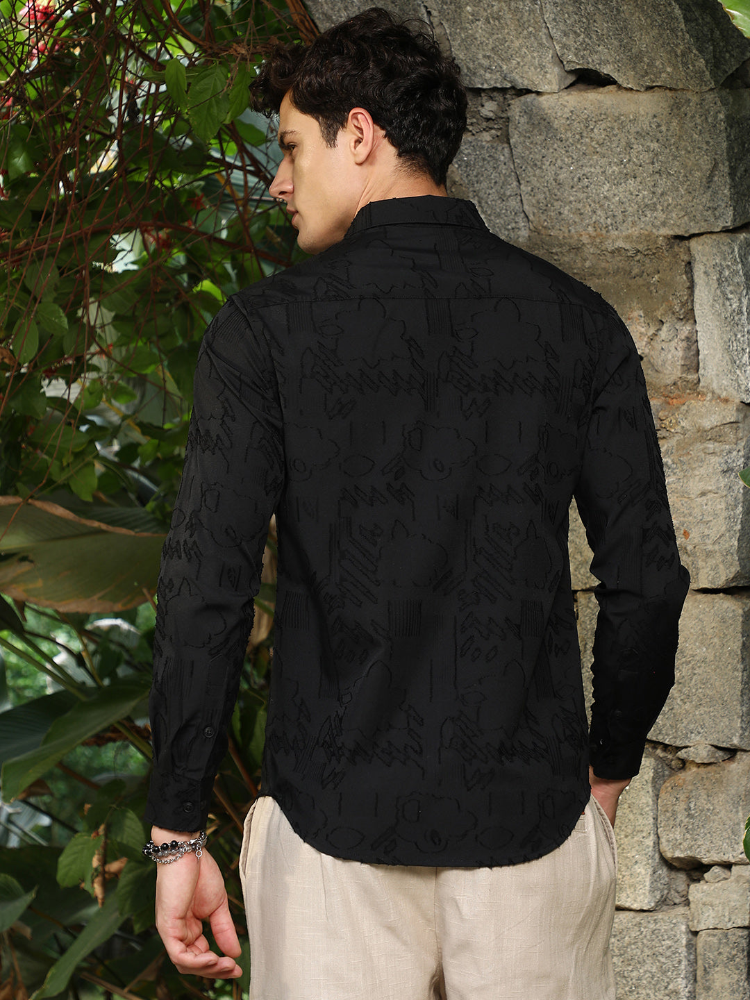 Black Self-Design Cotton Blend Slim Fit Shirt