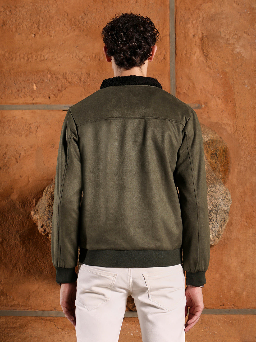 Fur-Lined Suede Bomber Jacket