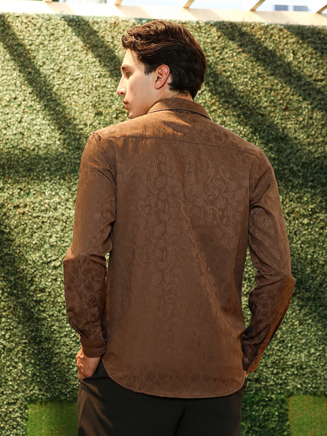 Slim Fit Brown Floral Jacquard Shirt