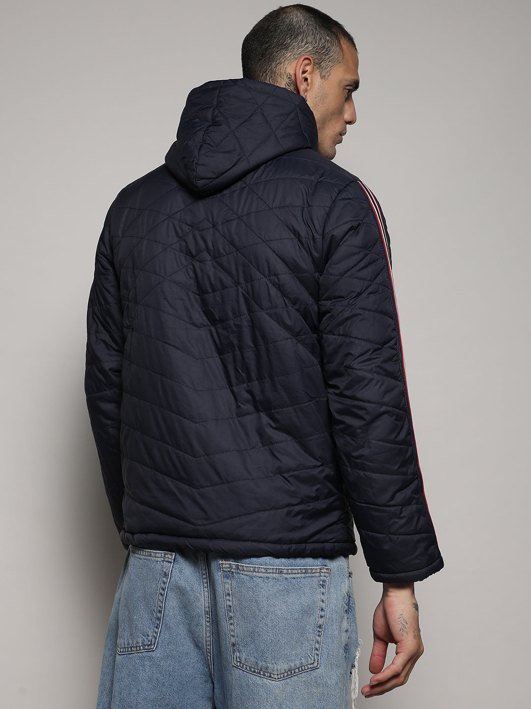 Quilted Puffer Jacket With Contrast Striped Sleeve