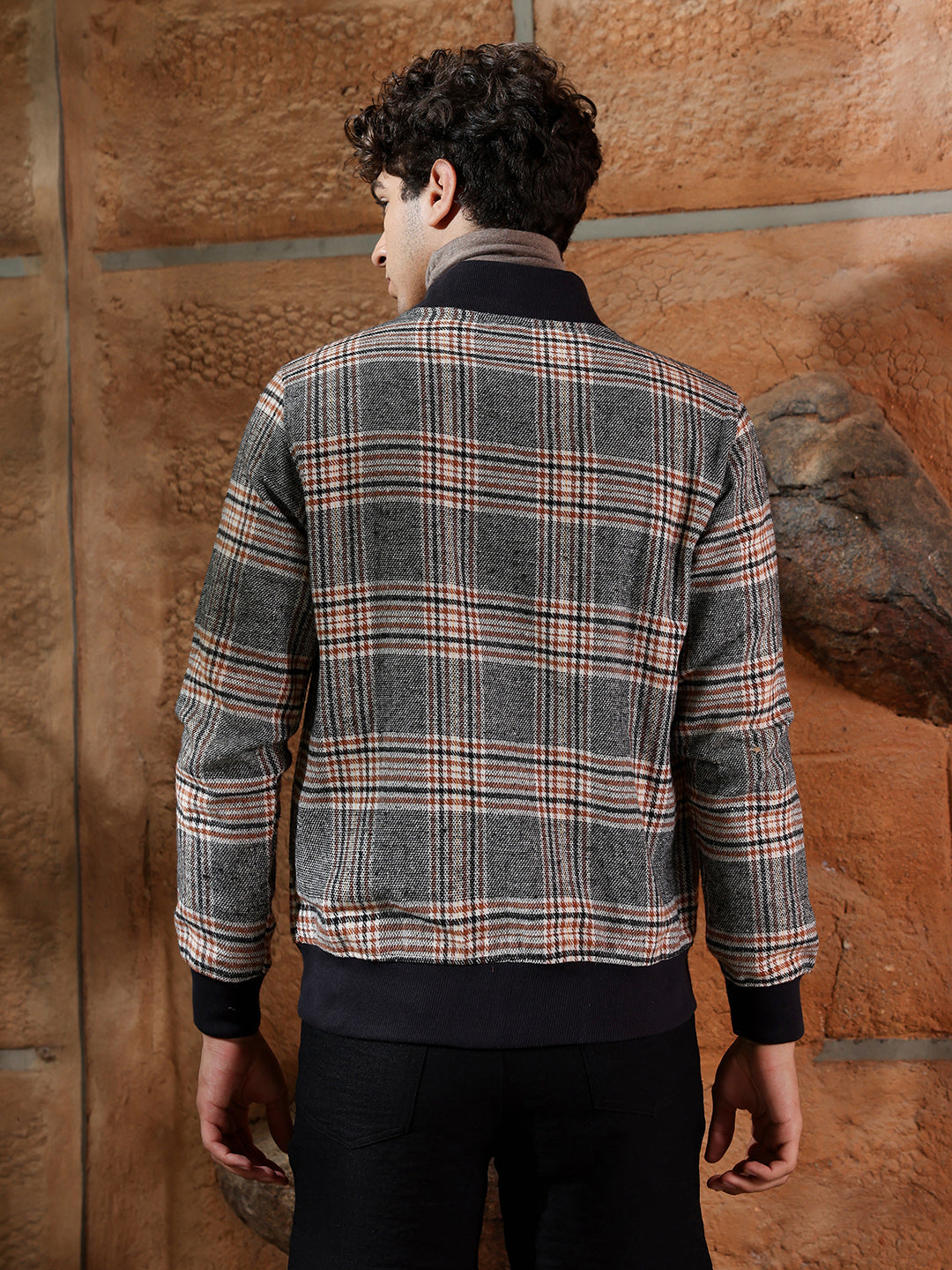 Tartan Plaid Jacket With Ribbed Hem