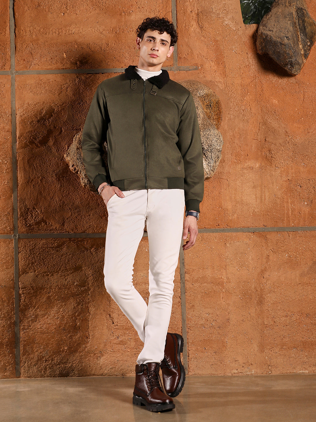 ₹1,749 | Campus Sutra men's Army Green Fur-Lined Suede Bomber