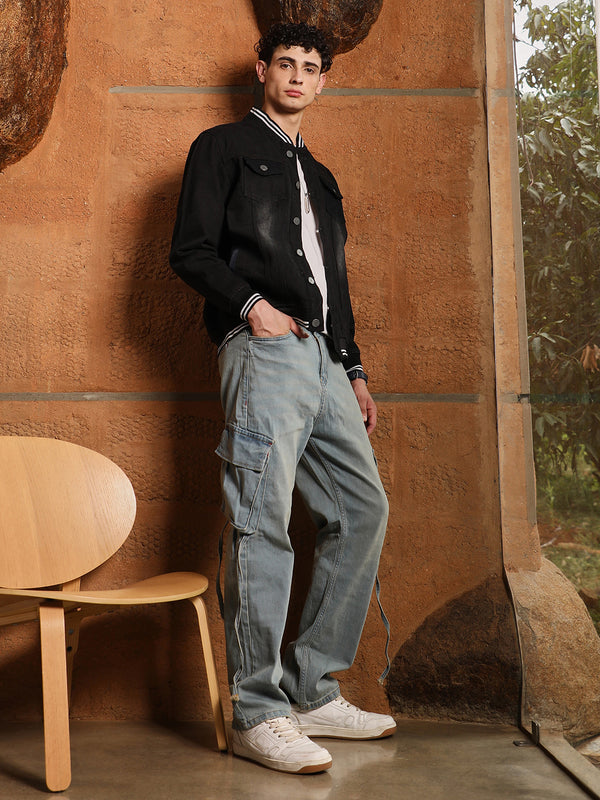 Dark-Wash Denim Bomber Jacket