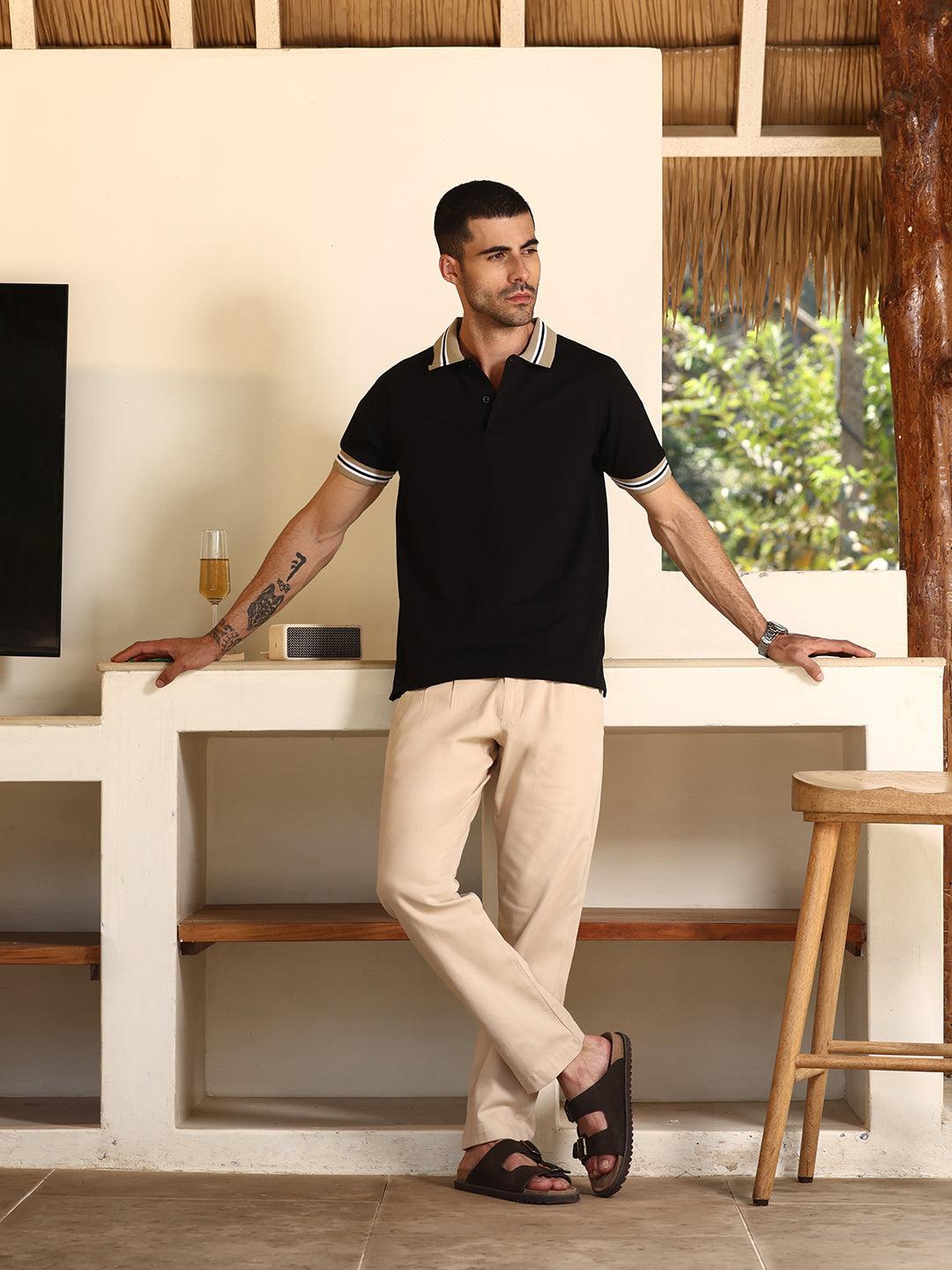 Black Textured Polo T-shirt with Contrast Tipped Collar
