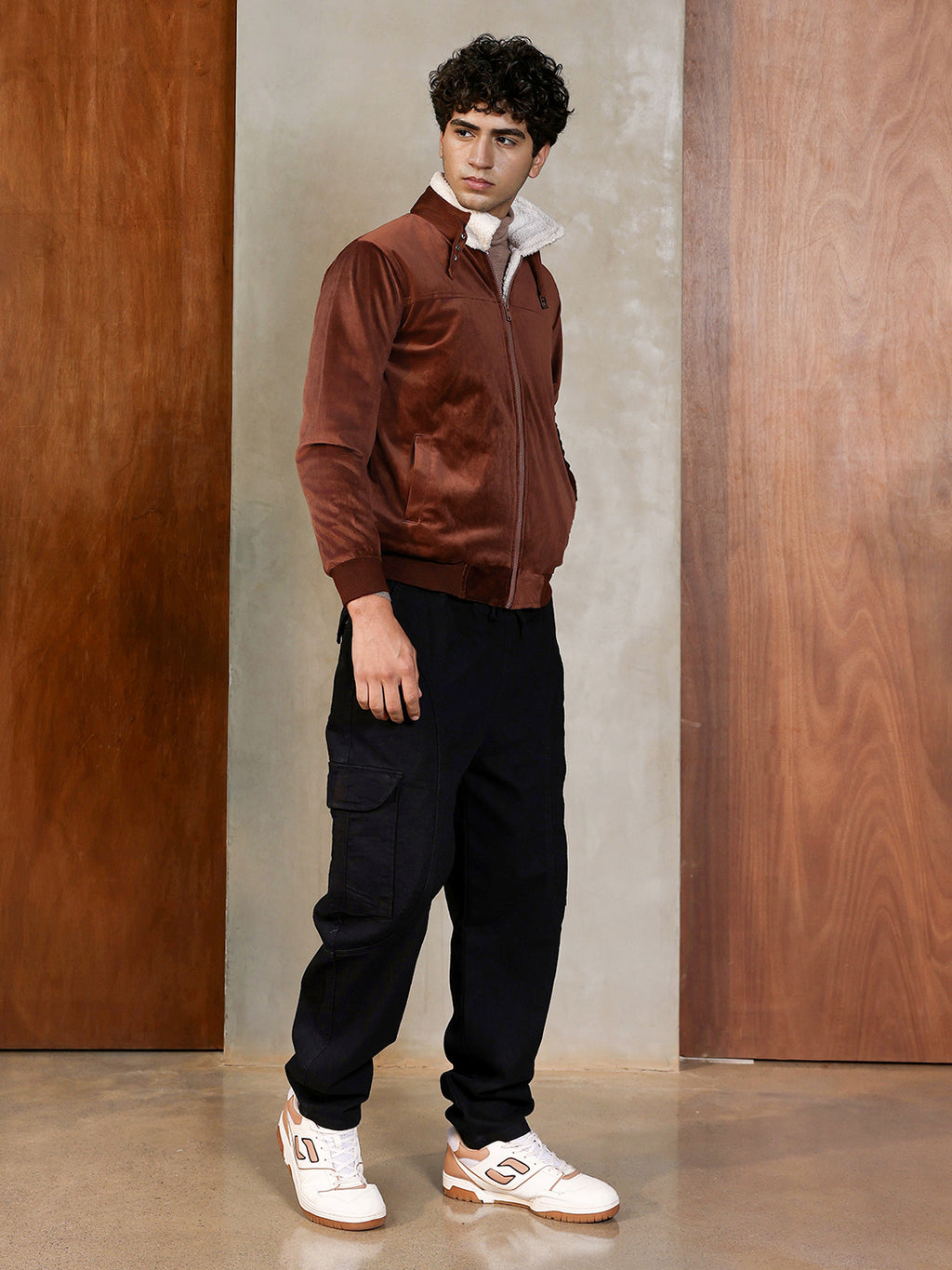 Fur-Lined Suede Bomber Jacket