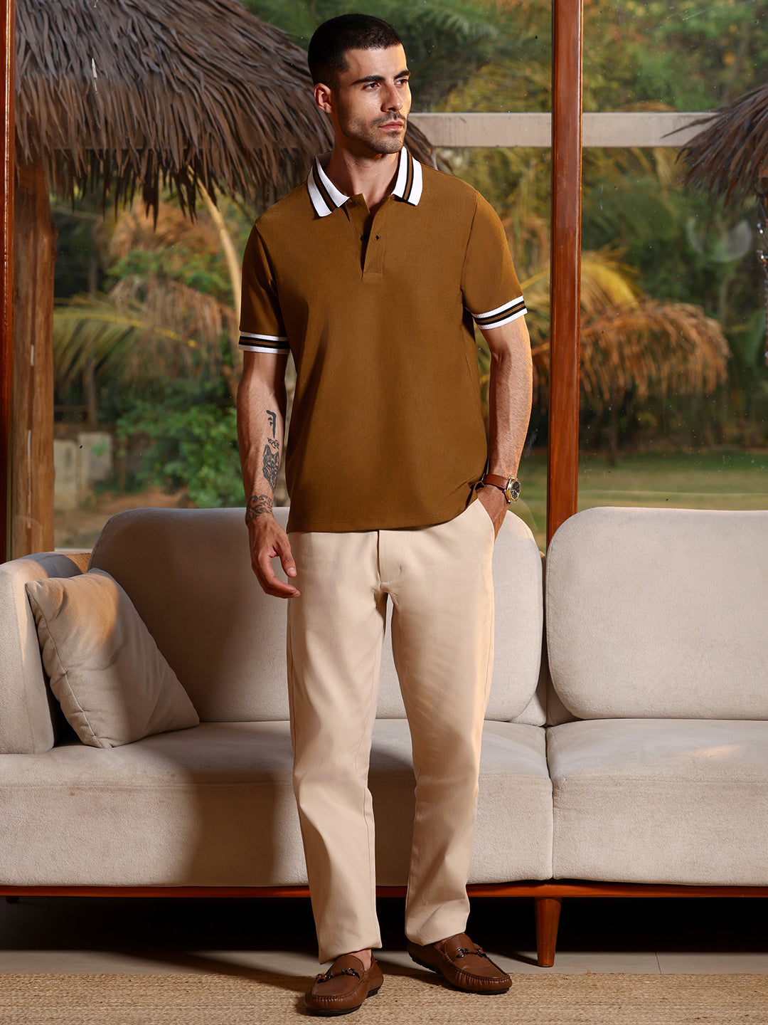 Mustard Brown Tipped Collar Polo T-Shirt