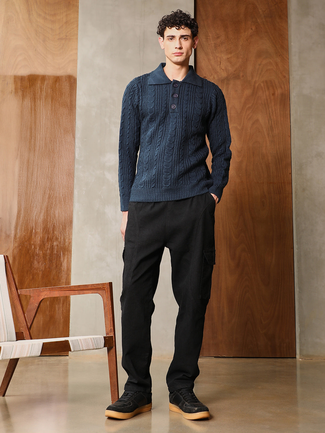 Braid-Knit Collared Sweater