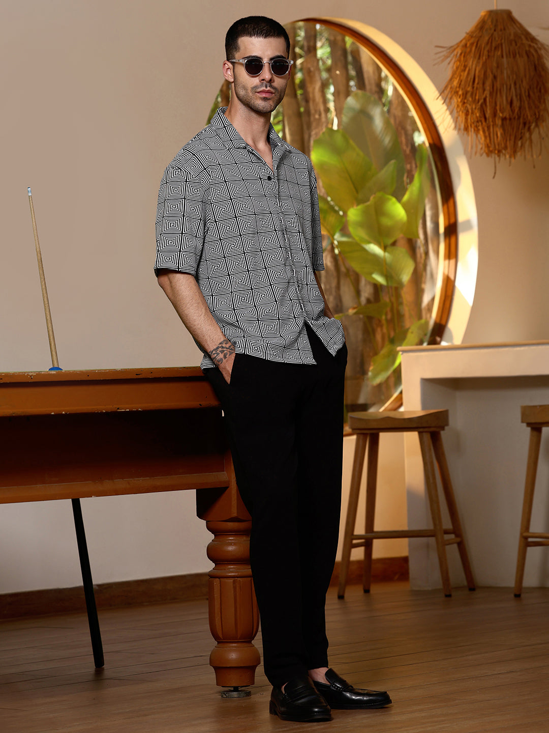 Geometric Print Relaxed Fit Cuban Collar Shirt