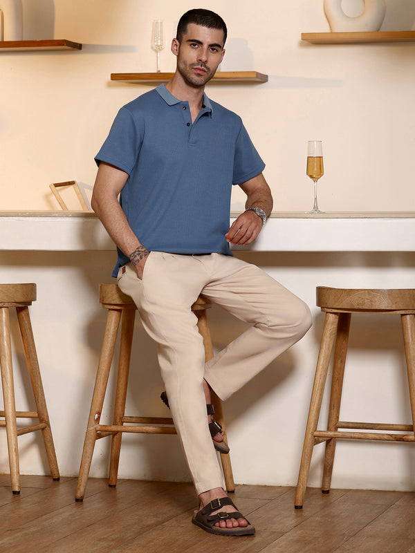 Blue Ribbed Knit Short Sleeve Polo T-Shirt