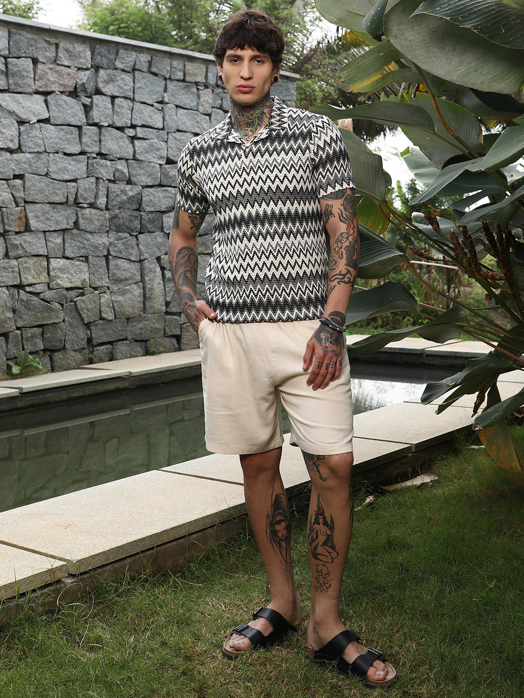 Zig-Zag Knit Polo T-Shirt