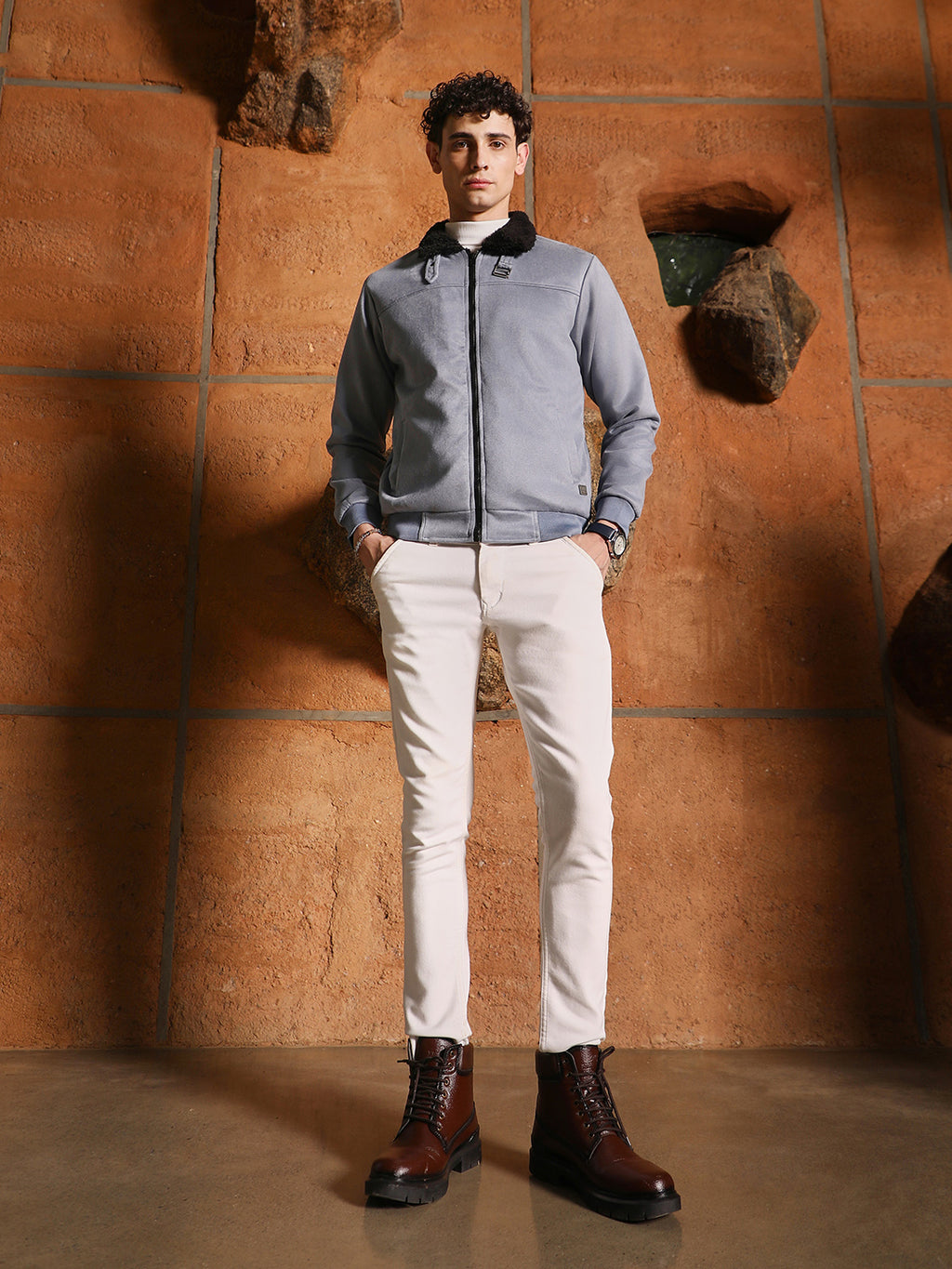 Fur-Lined Suede Bomber Jacket