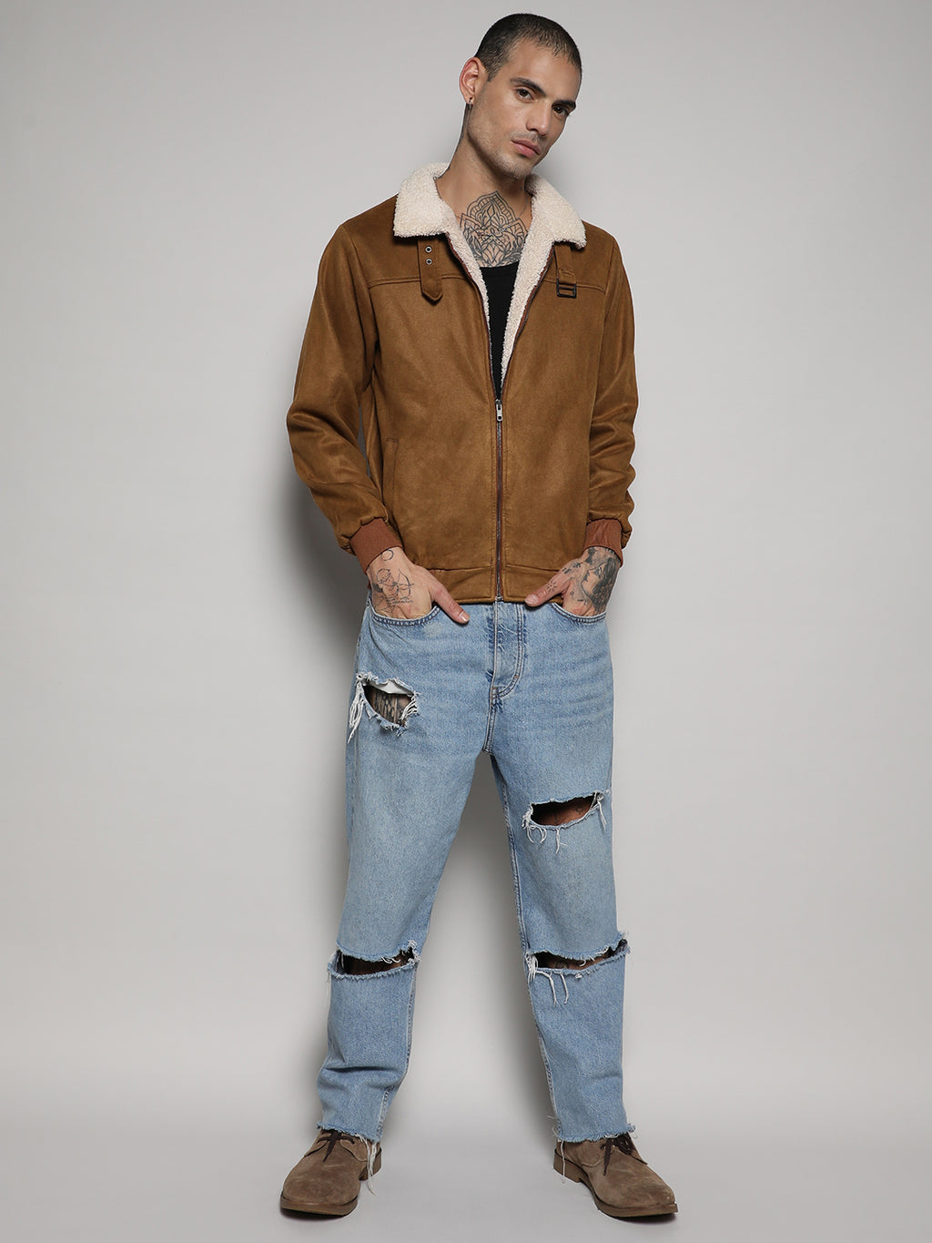 Fur-Lined Suede Bomber Jacket