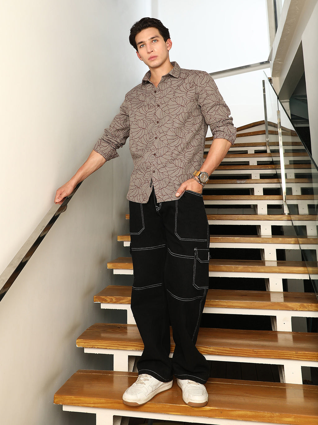 Slim Fit Abstract Patterned Cotton-Poly Blend Shirt