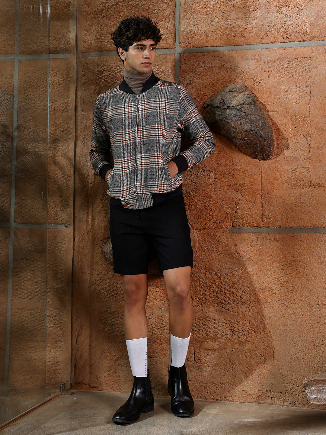 Tartan Plaid Jacket With Ribbed Hem