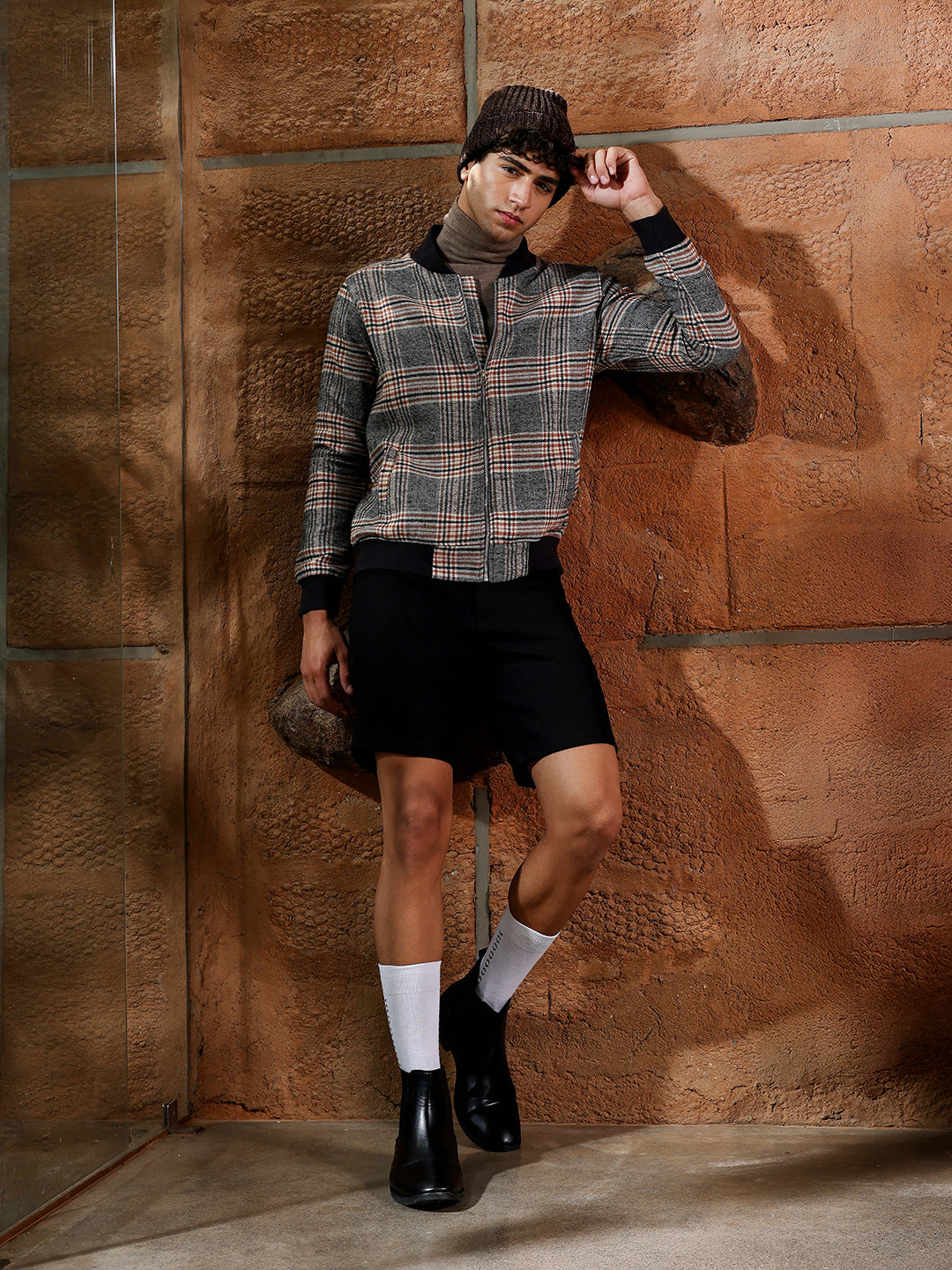 Tartan Plaid Jacket With Ribbed Hem