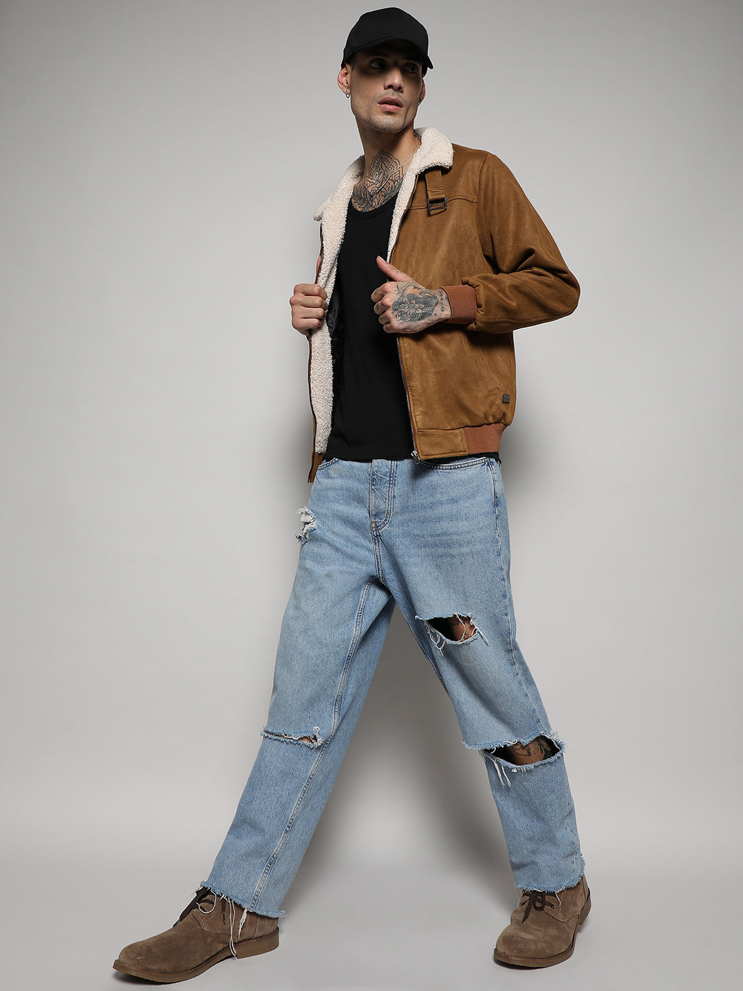 Fur-Lined Suede Bomber Jacket