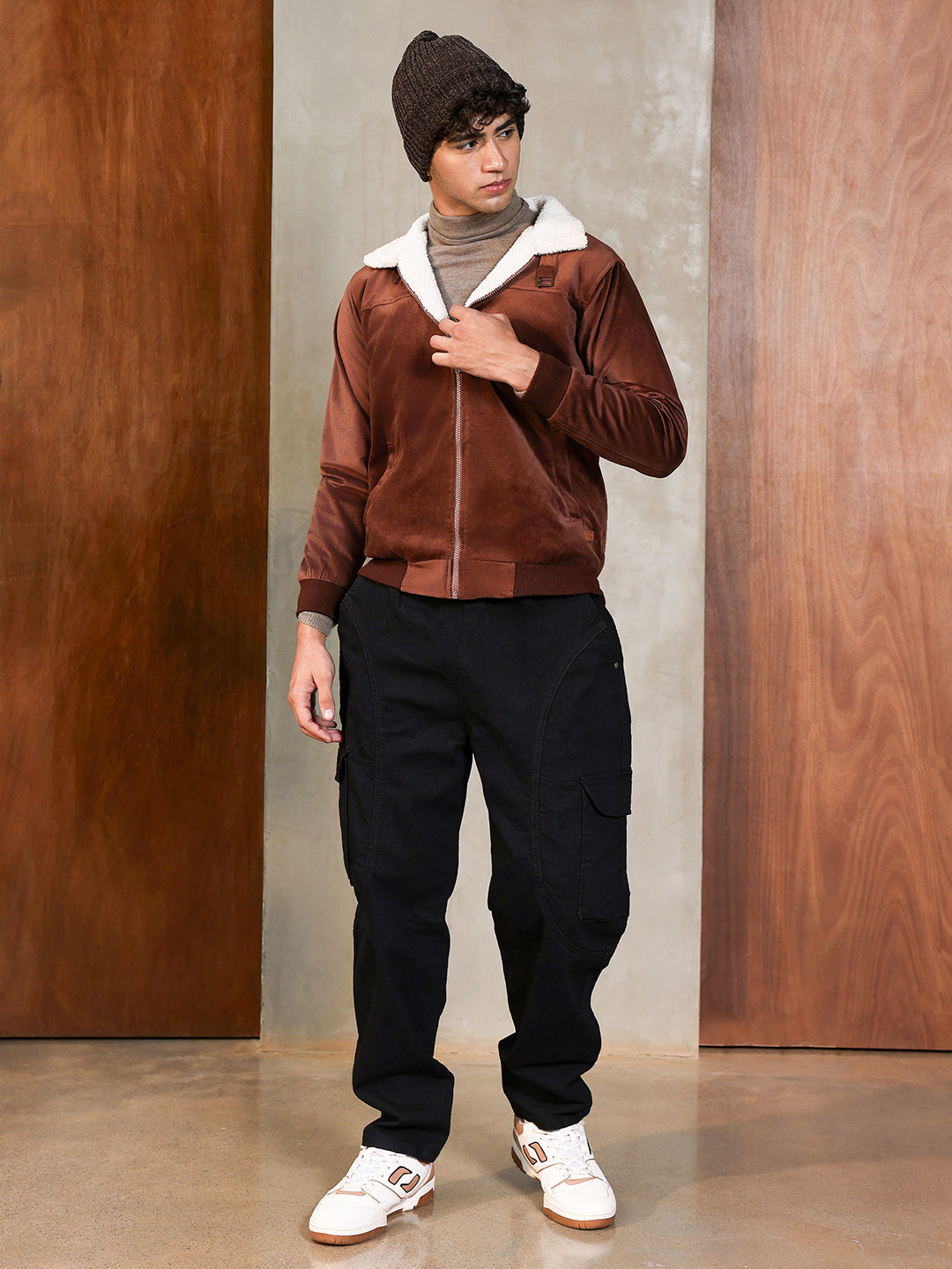 Fur-Lined Suede Bomber Jacket