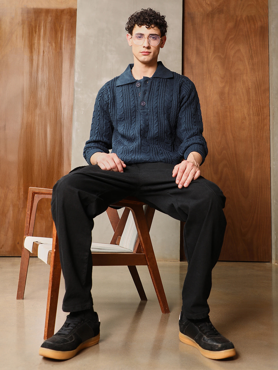 Braid-Knit Collared Sweater