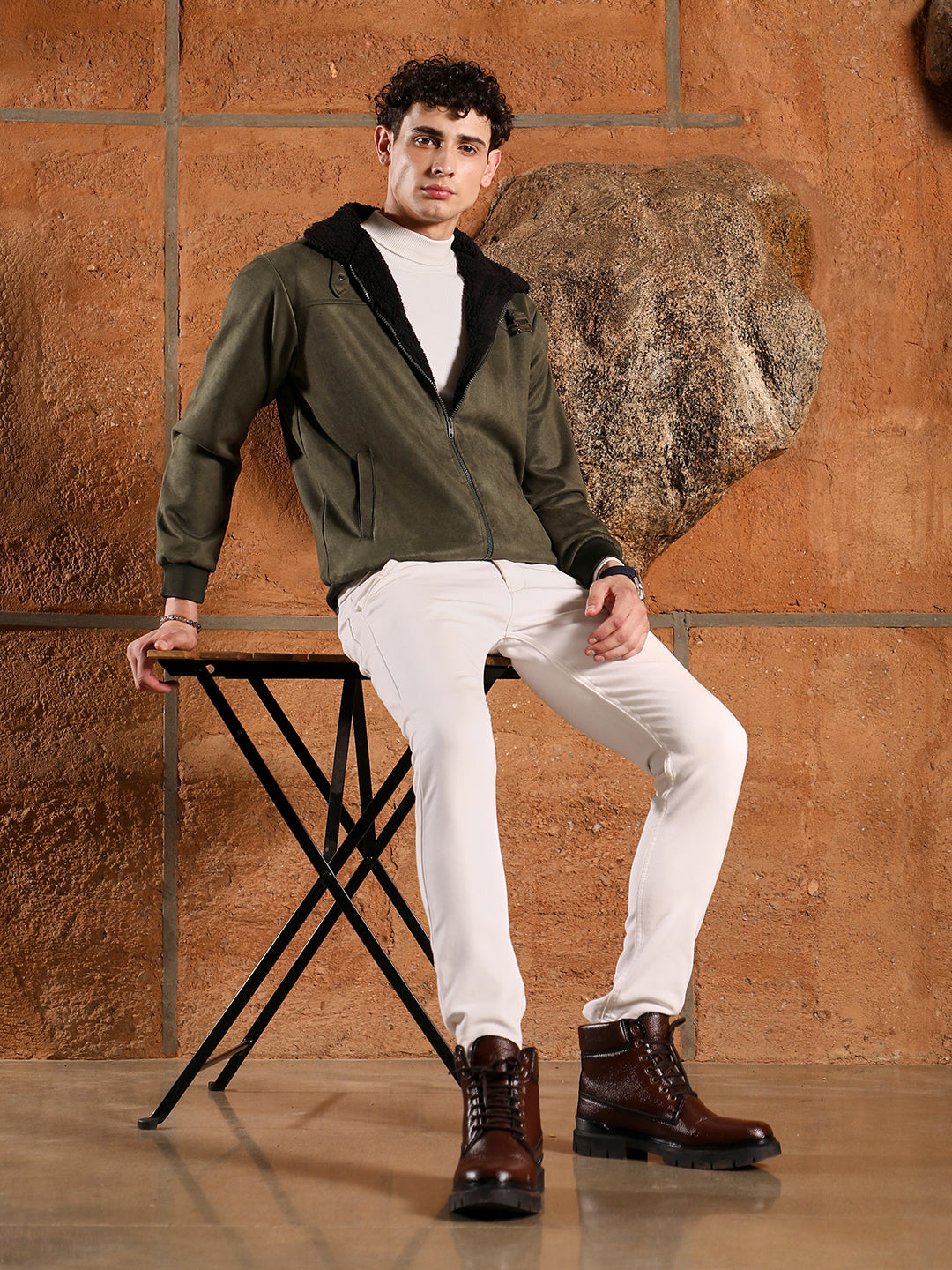 Fur-Lined Suede Bomber Jacket